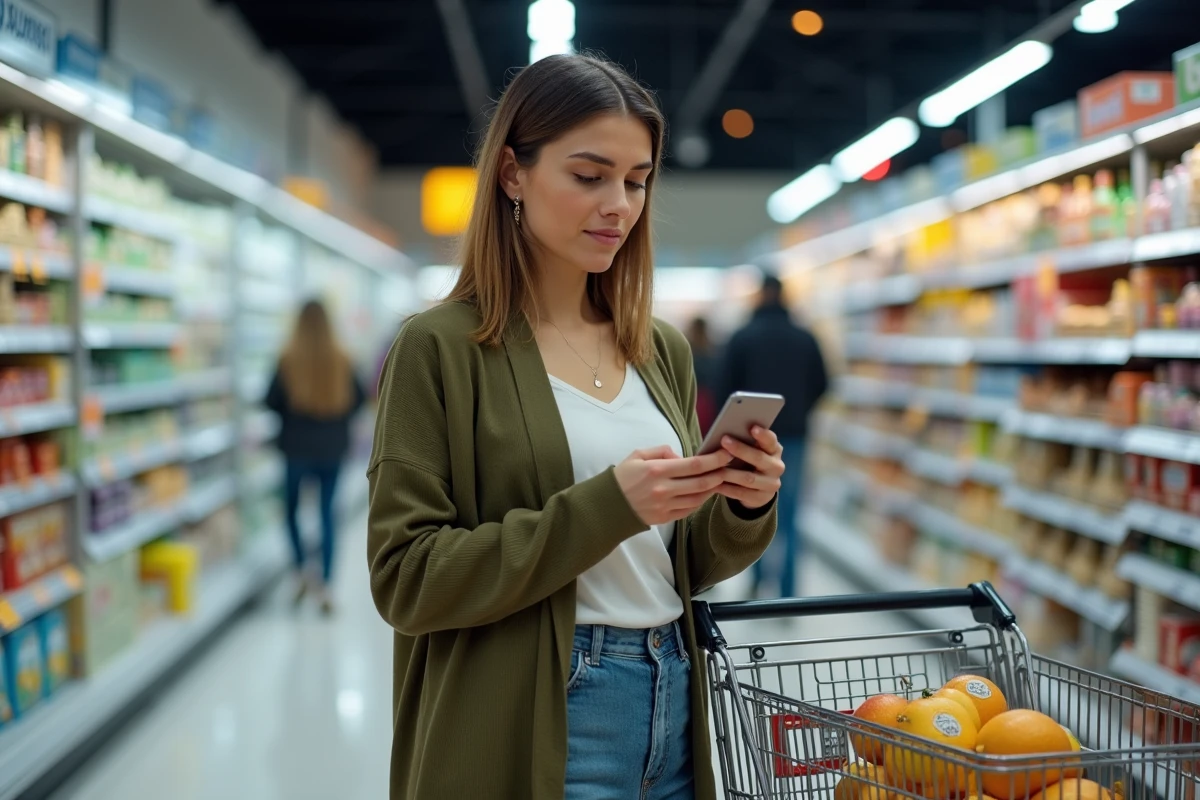 Femme comparant des produits en supermarché avec une application de bons plans sur smartphone pour optimiser son budget familial