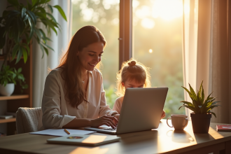 Femme professionnelle travaillant à domicile avec enfant