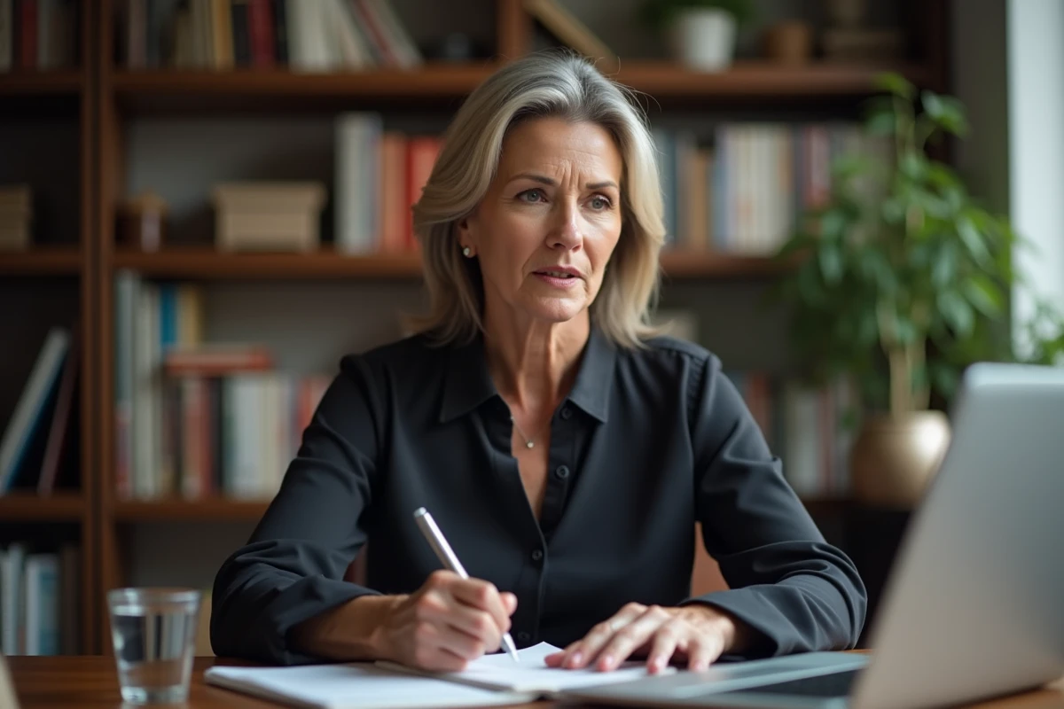 Femme en visioconférence avec un avocat depuis son domicile comme alternative au stress d'une audience JAF en présentiel