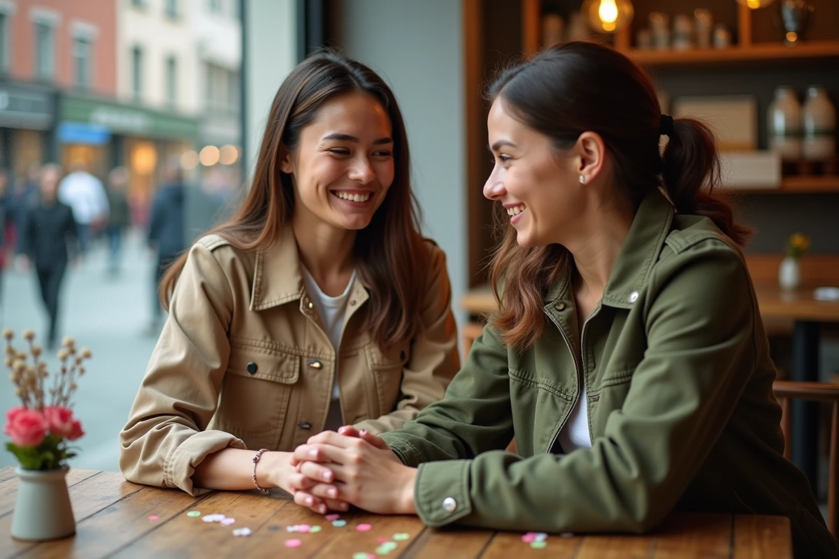 Femme et jeune femme se tiennent la main au café avec décor floral