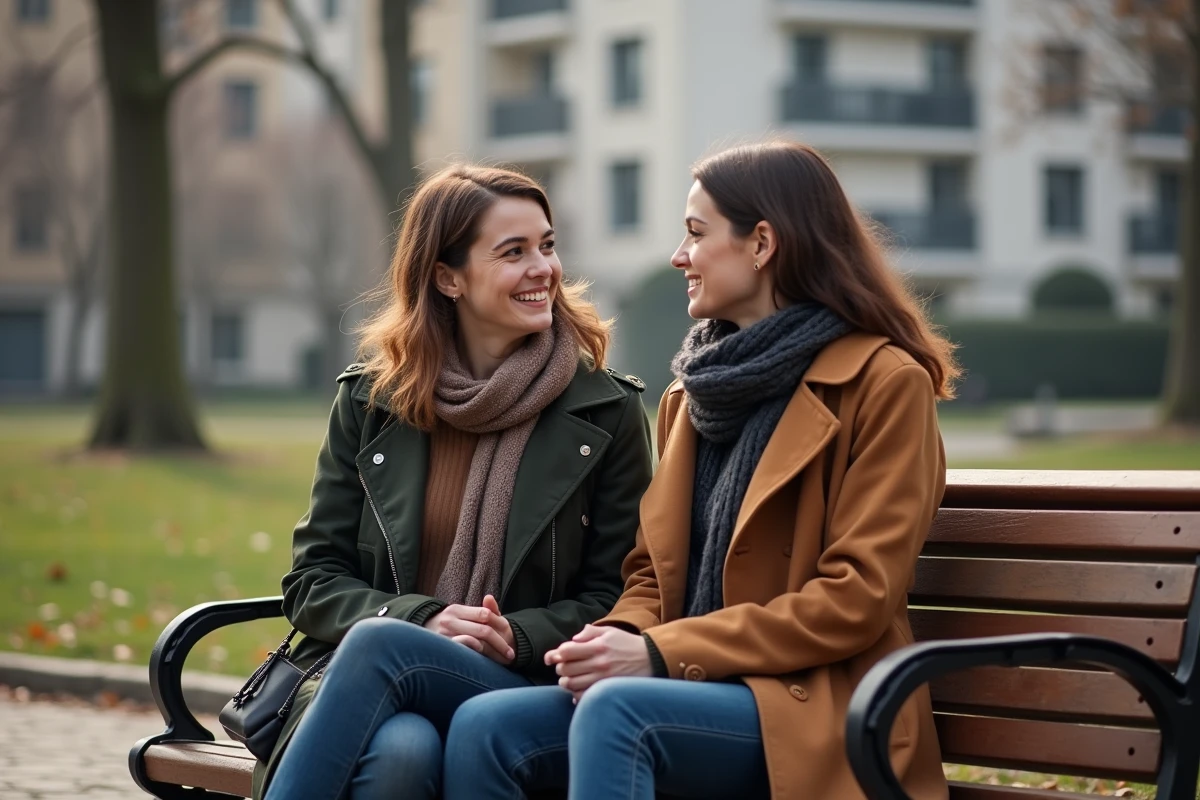 Deux femmes discutant sur un banc dans un parc urbain