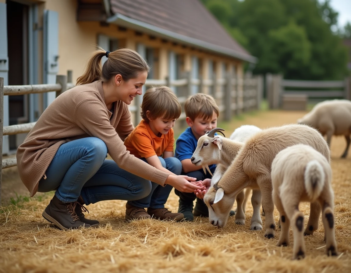 Mère et enfants nourrissant des chèvres et des moutons dans l'enclos de la ferme pédagogique d'Argenteuil