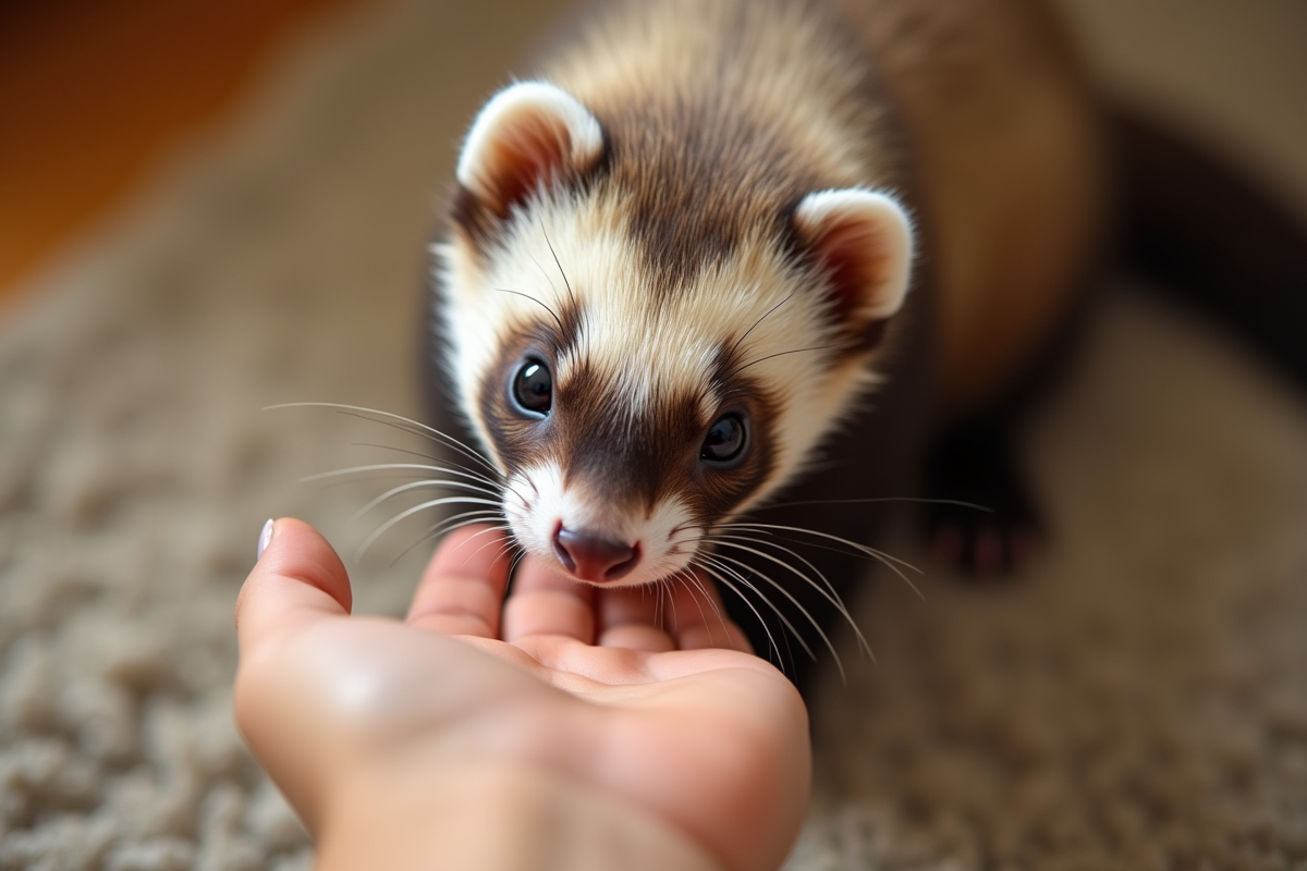 Ferret reniflant doucement la main d