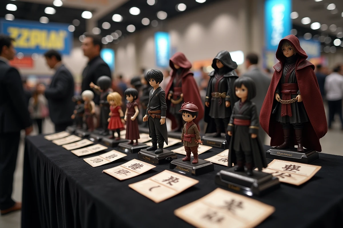 Figurines de la famille Zoldyk disposées en arbre généalogique sur une table de convention manga avec des cartes de chronologie