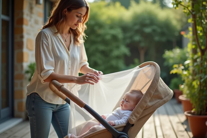 Maman installant un filet anti-moustiques sur une poussette en terrasse de jardin en été