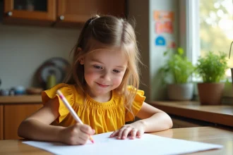 Jeune fille de 6 ans dessinant dans la cuisine chaleureuse