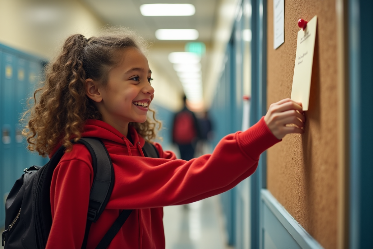 Fille de 12 ans collant une note sur un tableau dans le couloir