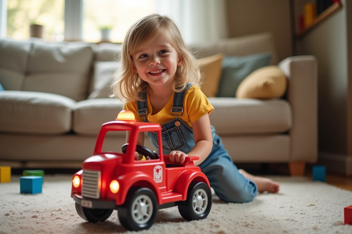 Fille de 7 ans poussant un camion de pompier en intérieur
