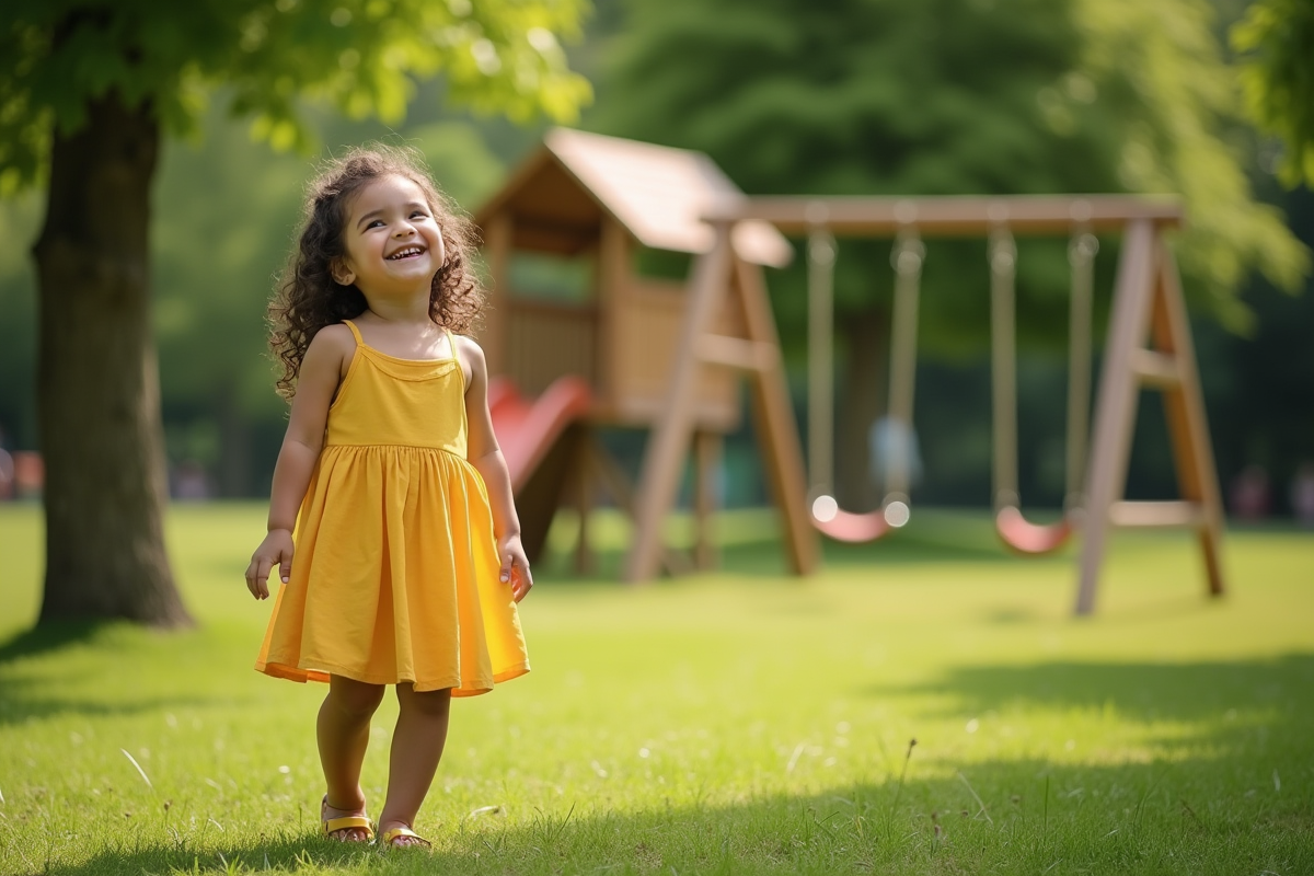 Fille de 5 ans souriante dans un parc ensoleille