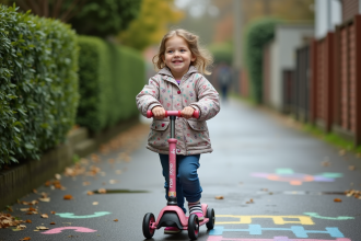 Jeune fille souriante en imperméable guidant un scooter sur un chemin pavé
