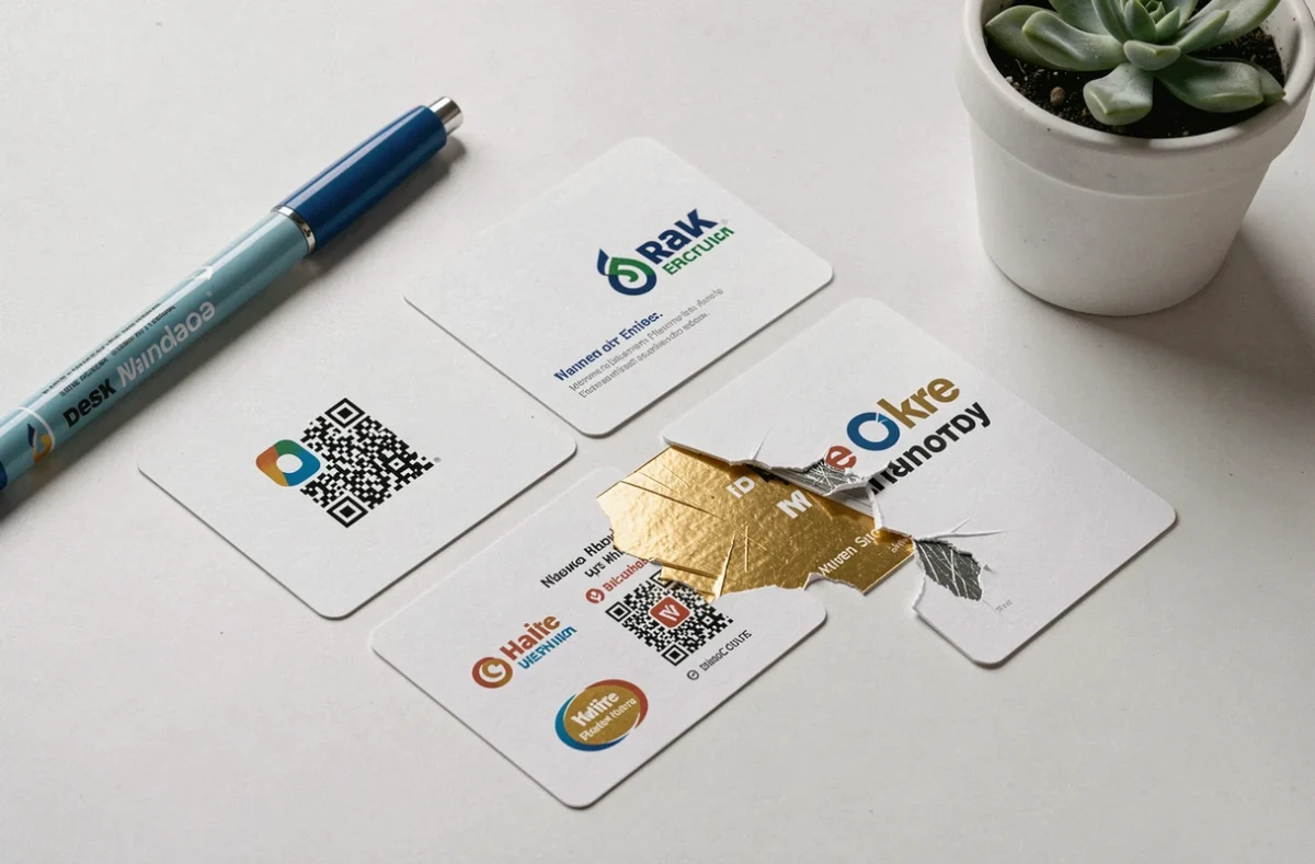 Vue en plat posé de plusieurs cartes à gratter personnalisées avec logos d'entreprise et zone à gratter partiellement révélée