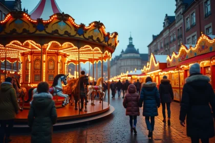 Foire aux manèges de Lille avec carrousel illuminé et familles se promenant sur les pavés en automne