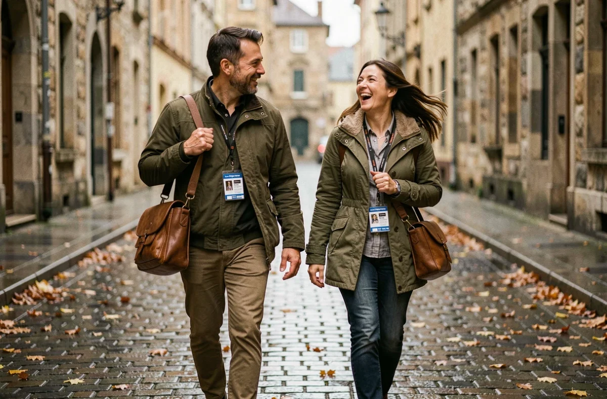 Couple de journalistes marchant côte à côte sur des pavés mouillés dans une ville européenne, atmosphère de reportage à l'étranger et complicité naturelle