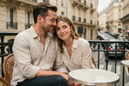 Couple de reporters assis en terrasse de café parisien, échangeant un regard complice et discret dans une atmosphère décontractée