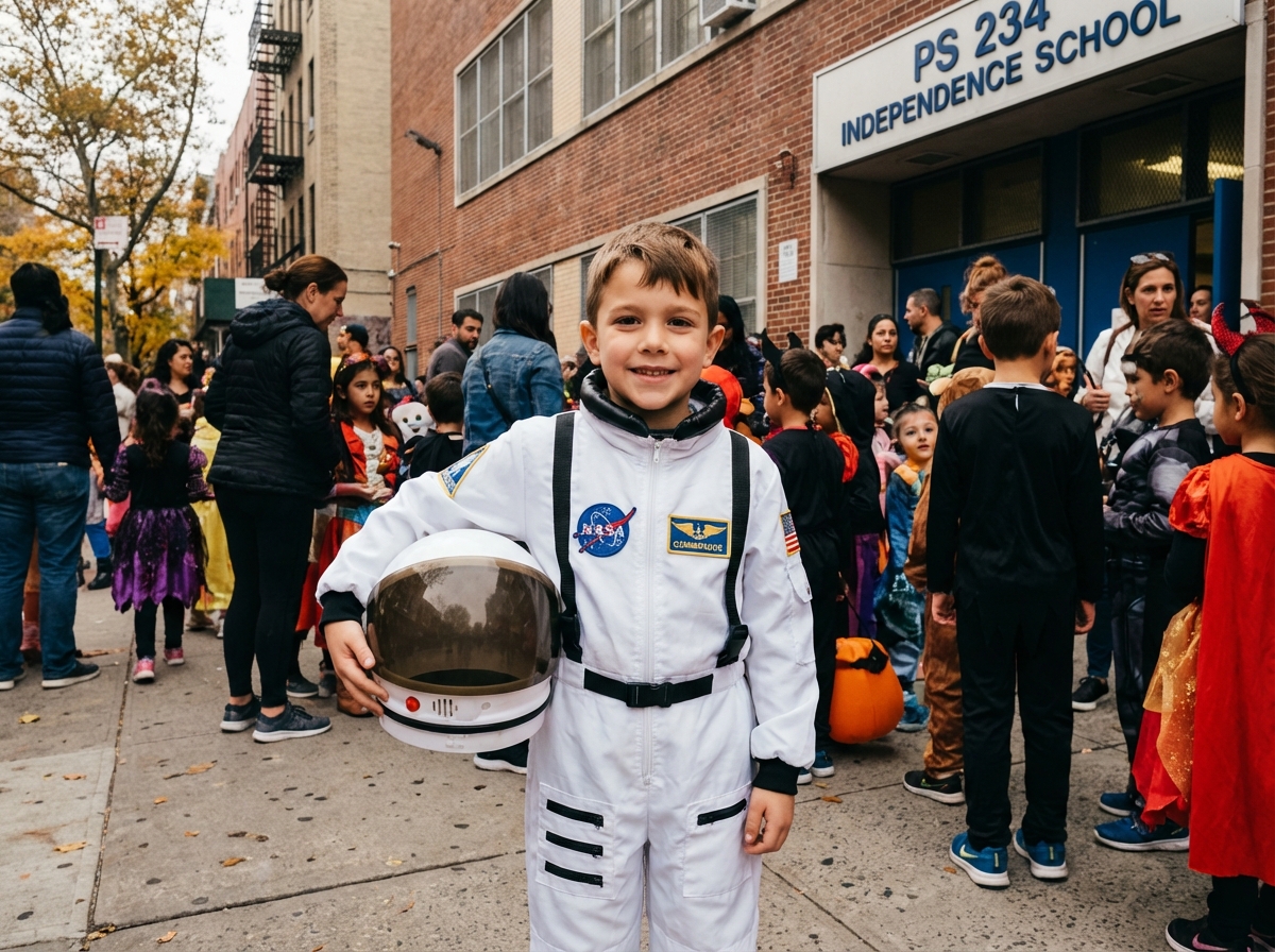Garçon déguisé en astronaute dans la rue avec d
