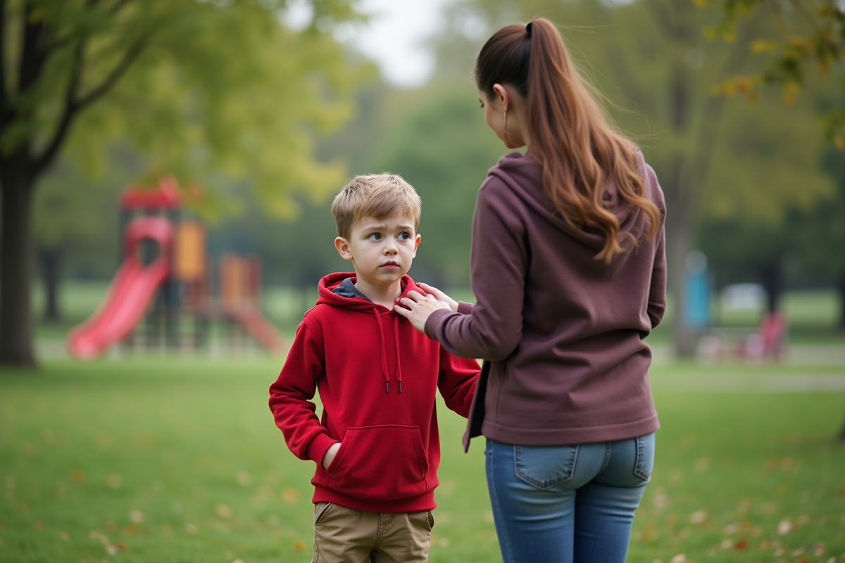 Garçon de 10 ans avec sa mère dans un parc urbain