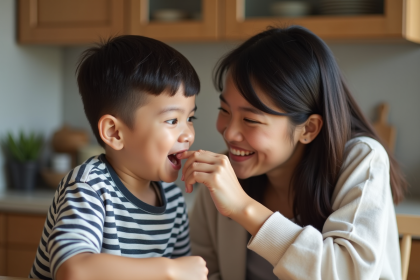 Jeune garçon de 7 ans avec sa mère examine ses dents