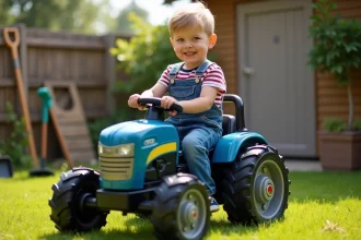Garçon en overalls sur un tracteur électrique dans le jardin