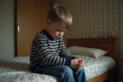 Jeune garçon inquiet assis sur un lit en bois dans une chambre modeste