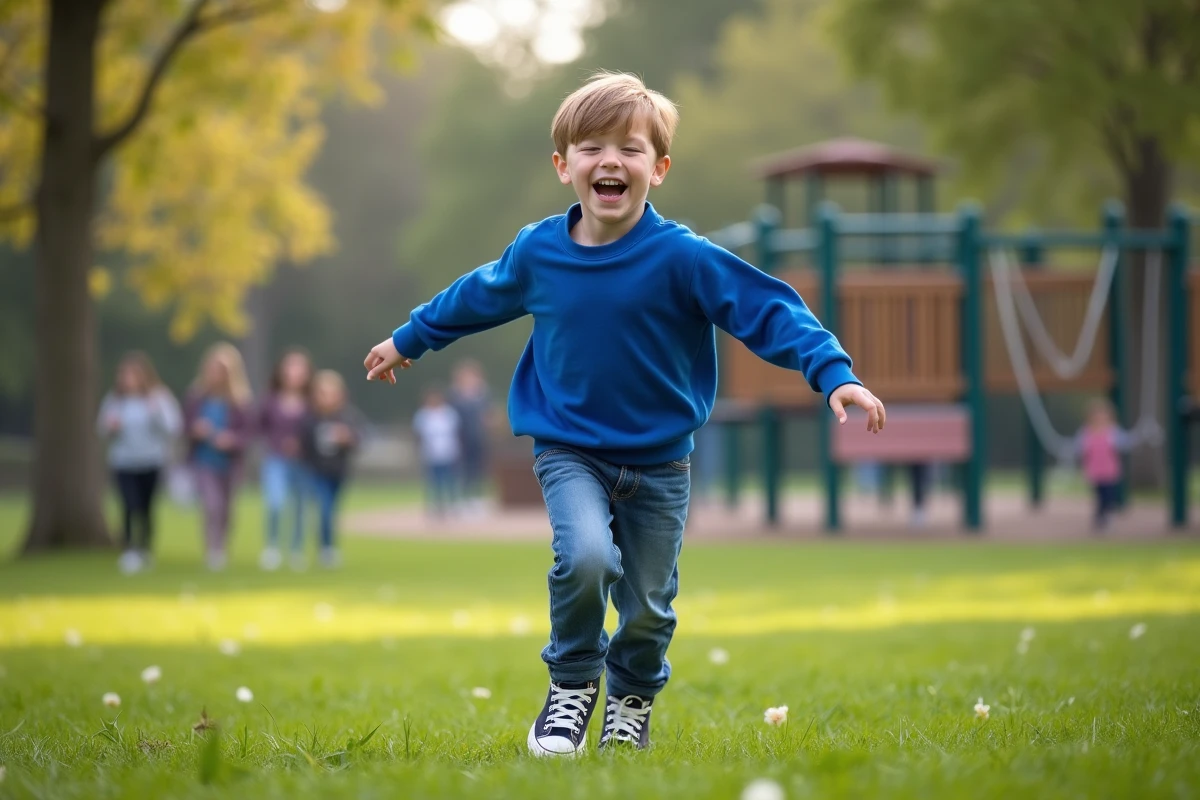 Garçon de 6 ans courant et riant dans un parc public