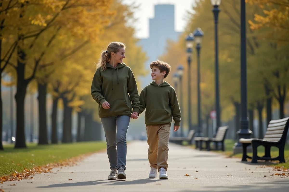 Adolescent et sa mère marchant dans un parc urbain