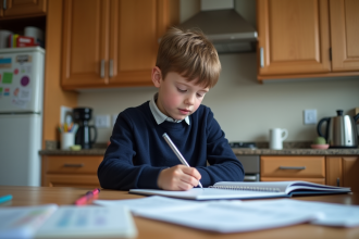 Garçon de 10 ans écrivant dans son planner à la cuisine