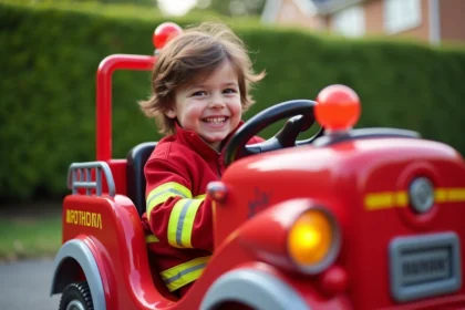 Garçon de 5 ans en costume de pompier rouge avec camion de jeu