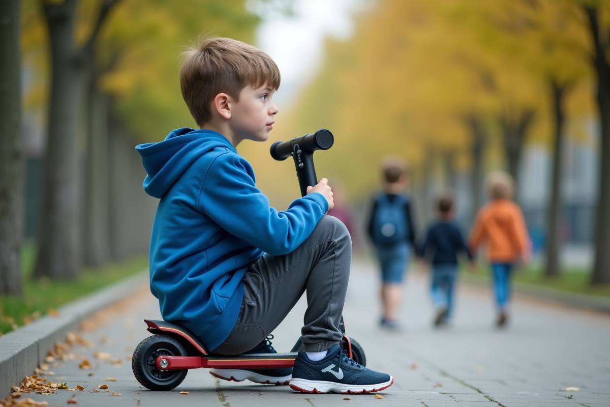 Garçon pensif en hoodie bleu assis sur un scooter dans une aire de jeux urbaine