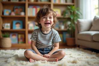 Garçon de 6 ans riant dans un salon chaleureux