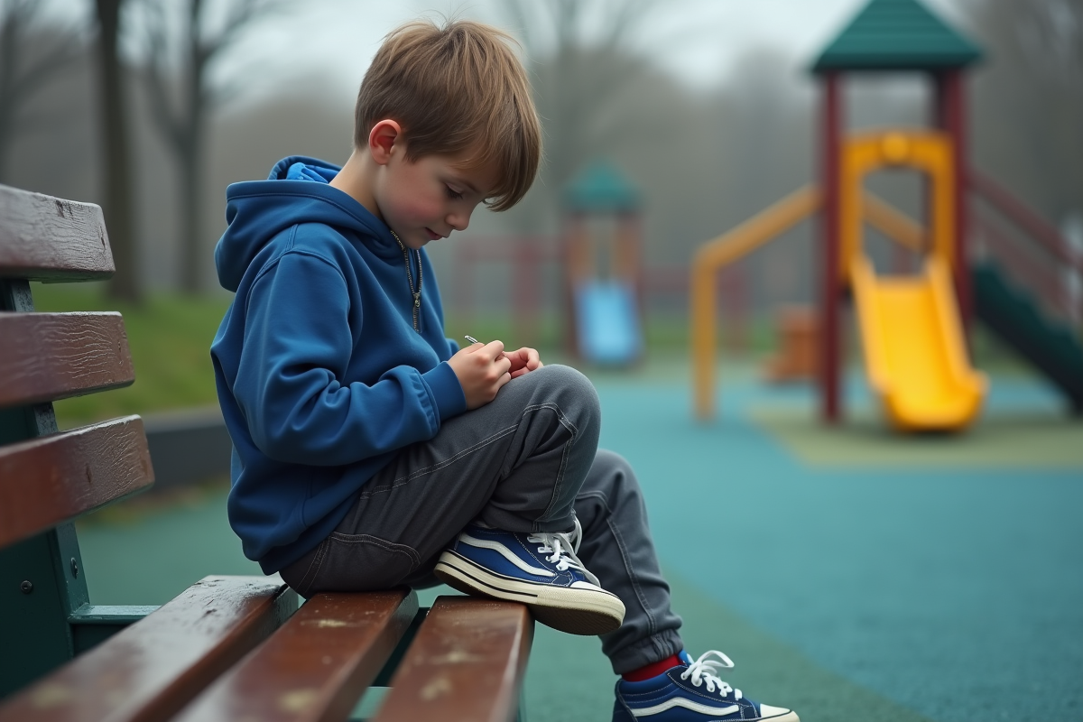 Garçon seul sur un banc de cour d