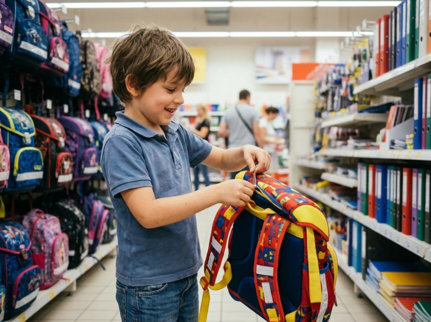 Garçon souriant avec sac à dos coloré en magasin
