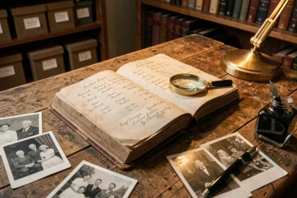 Livre de généalogie familiale ancienne ouvert sur une table en chêne avec des photographies en noir et blanc et une loupe
