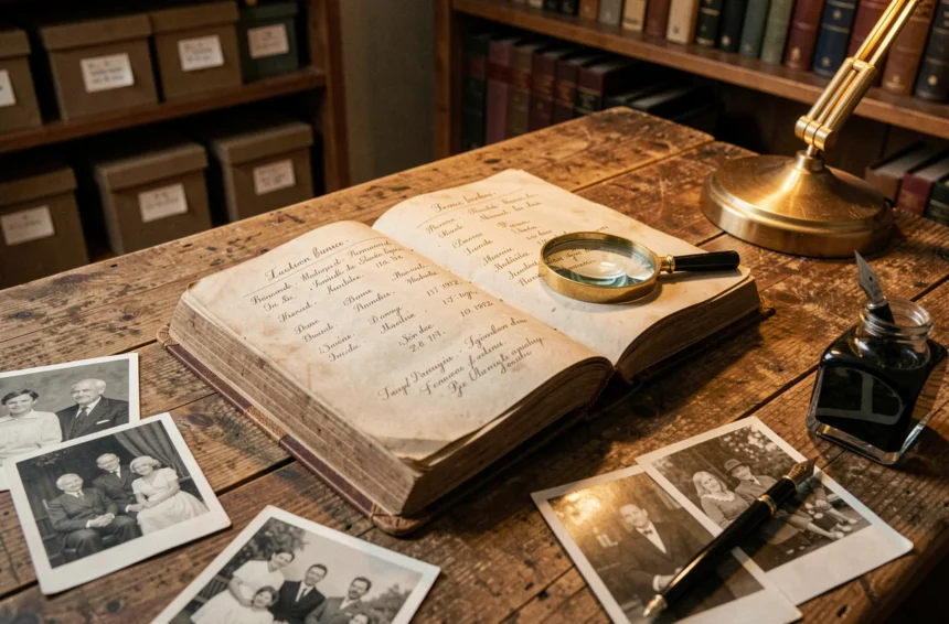 Livre de généalogie familiale ancienne ouvert sur une table en chêne avec des photographies en noir et blanc et une loupe