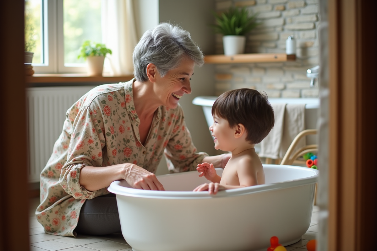 Grand-mere souriante supervise son petit enfant dans la baignoire