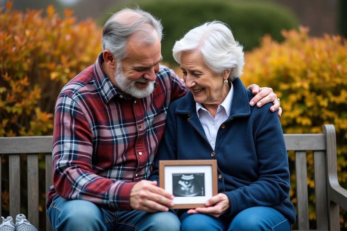 Grands-parents émus tenant ensemble une échographie encadrée et des chaussons tricotés dans un jardin en automne