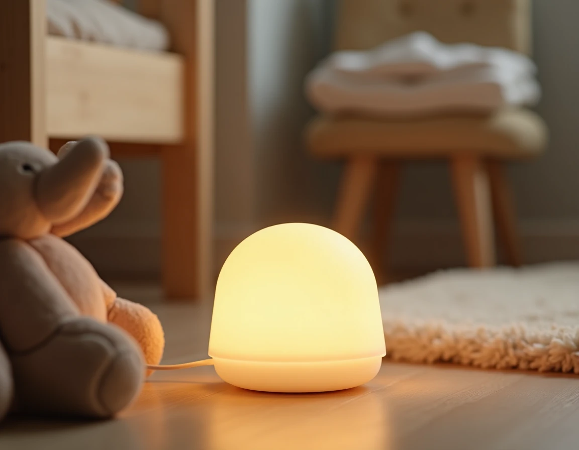 Gros plan d'une veilleuse moderne branchée sur le plancher en bois d'une chambre d'enfant avec jouet en peluche au premier plan