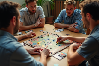 Groupe d'amis jouant à un jeu de société en journée
