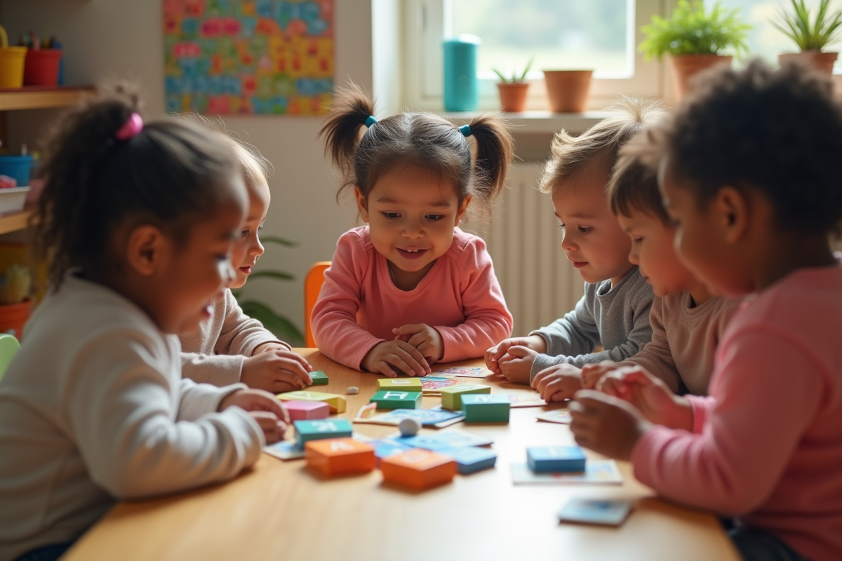 Groupe d enfants de 3 ans manipulant des blocs d alphabet