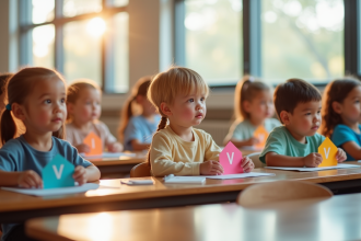 Groupe d'enfants avec noms en V dans une classe lumineuse