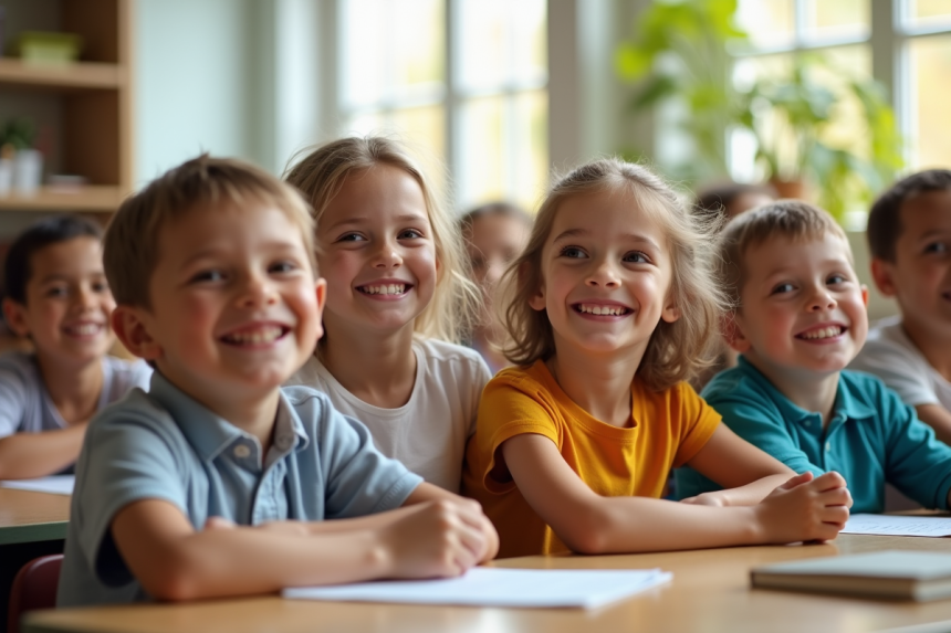 Groupe d'enfants souriants dans une classe lumineuse
