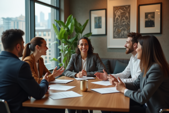 Groupe d'adultes en réunion dans un bureau convivial