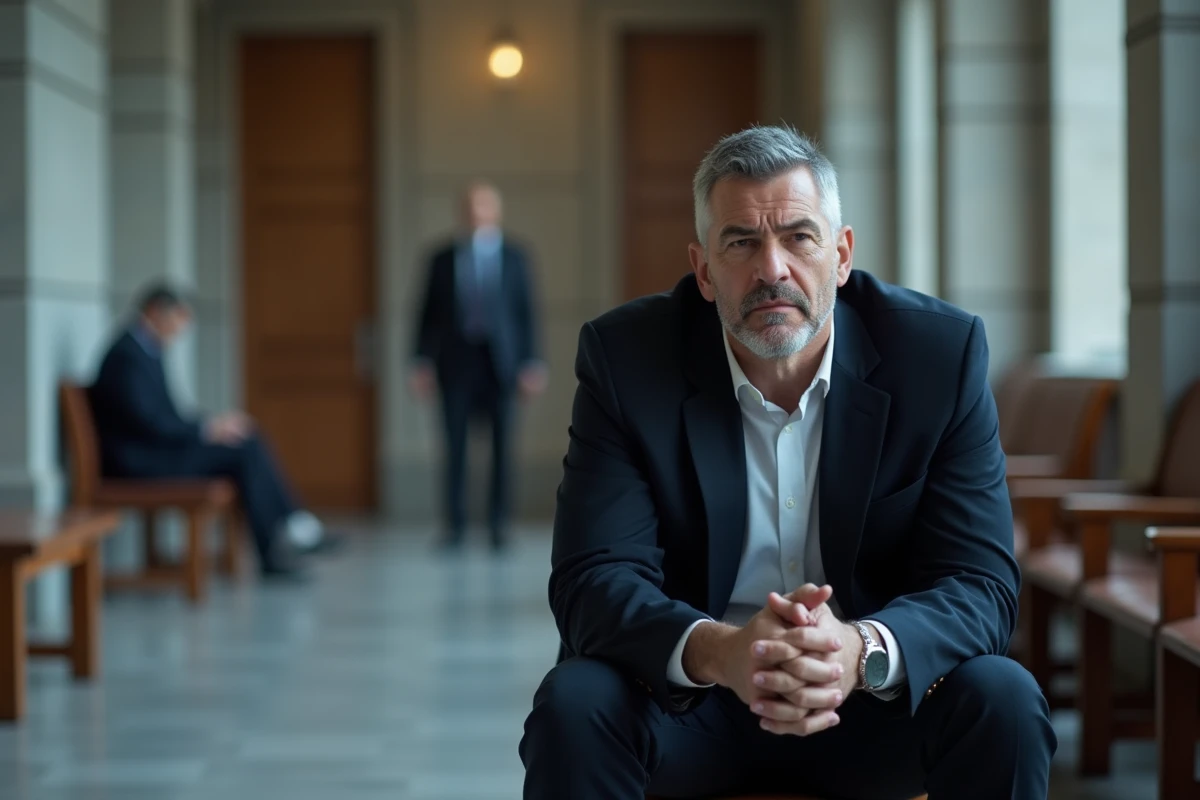 Homme anxieux assis dans le couloir d'un palais de justice avant une audience familiale, illustrant le stress de comparaître devant le JAF