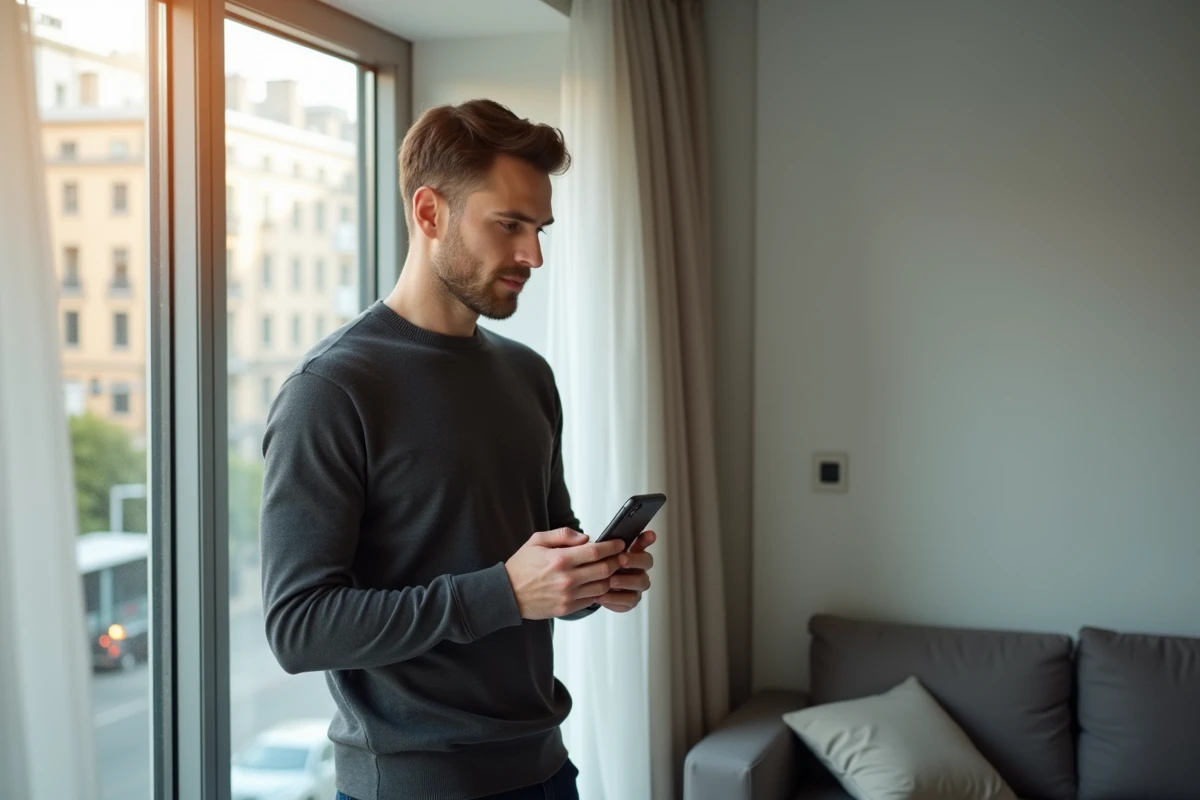 Homme debout près d'une fenêtre d'appartement rédigeant un message d'anniversaire sans ambiguïté pour son ex