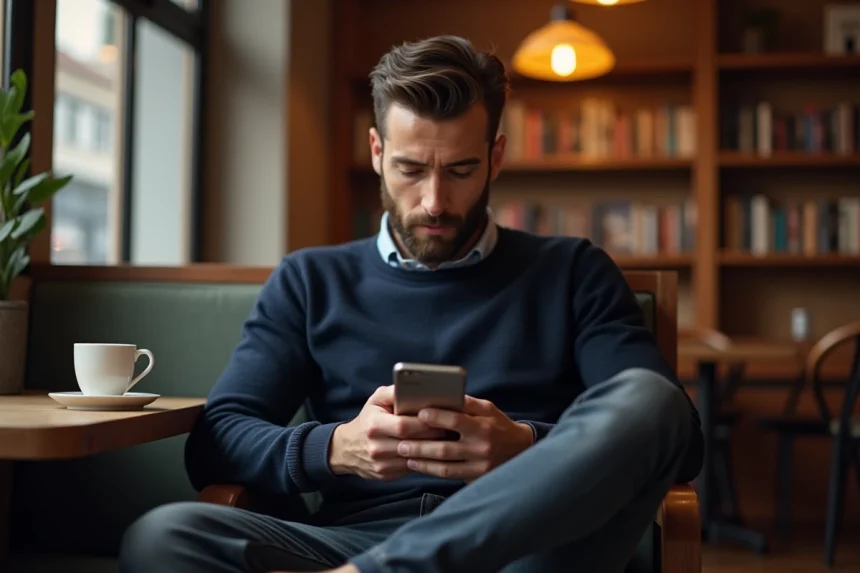 Homme en café décontracté regardant son smartphone