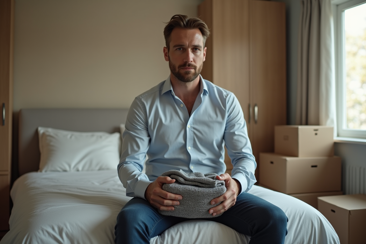 Homme assis sur le lit dans une chambre en préparation de départ