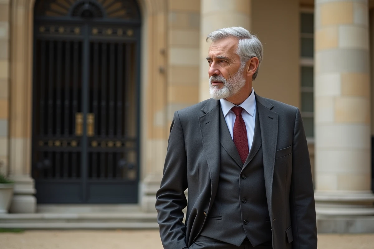 Homme élégant aux cheveux gris en costume sombre se tenant devant un bâtiment institutionnel français aux colonnes en pierre