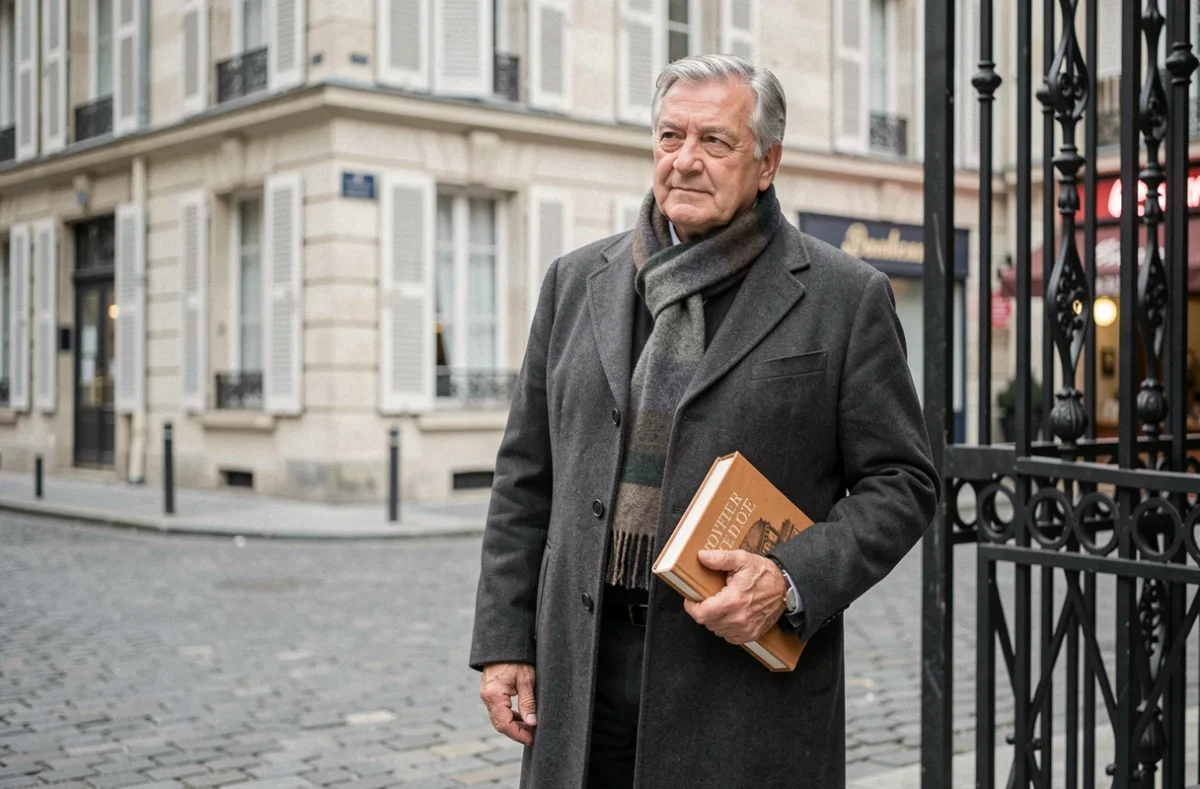 Homme élégant tenant un livre dans une rue pavée de Paris aux façades haussmanniennes