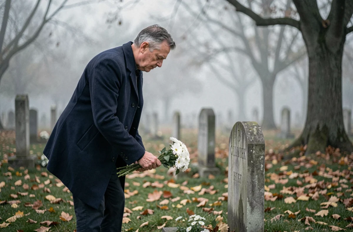 Homme déposant des fleurs blanches sur la tombe de son père décédé dans un cimetière en automne