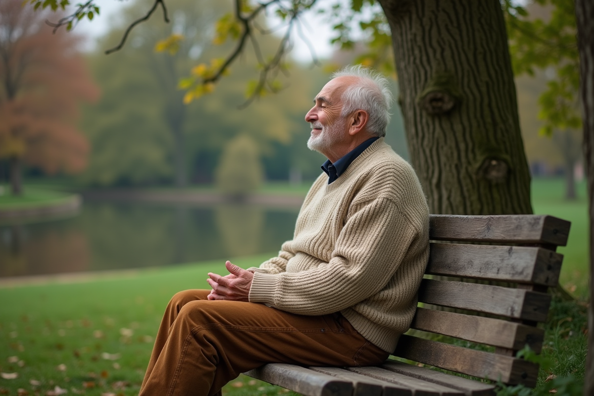 Homme âgé méditant sur un banc dans un parc calme