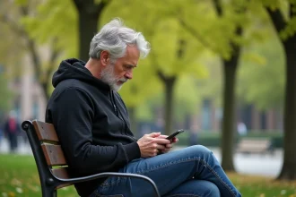 Homme en hoodie noir assis sur un banc dans un parc